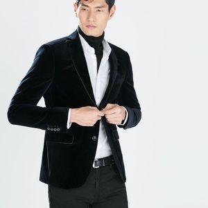 Zara Men Black Velvet Blazer Suit Jacket Sz 36 (Small)